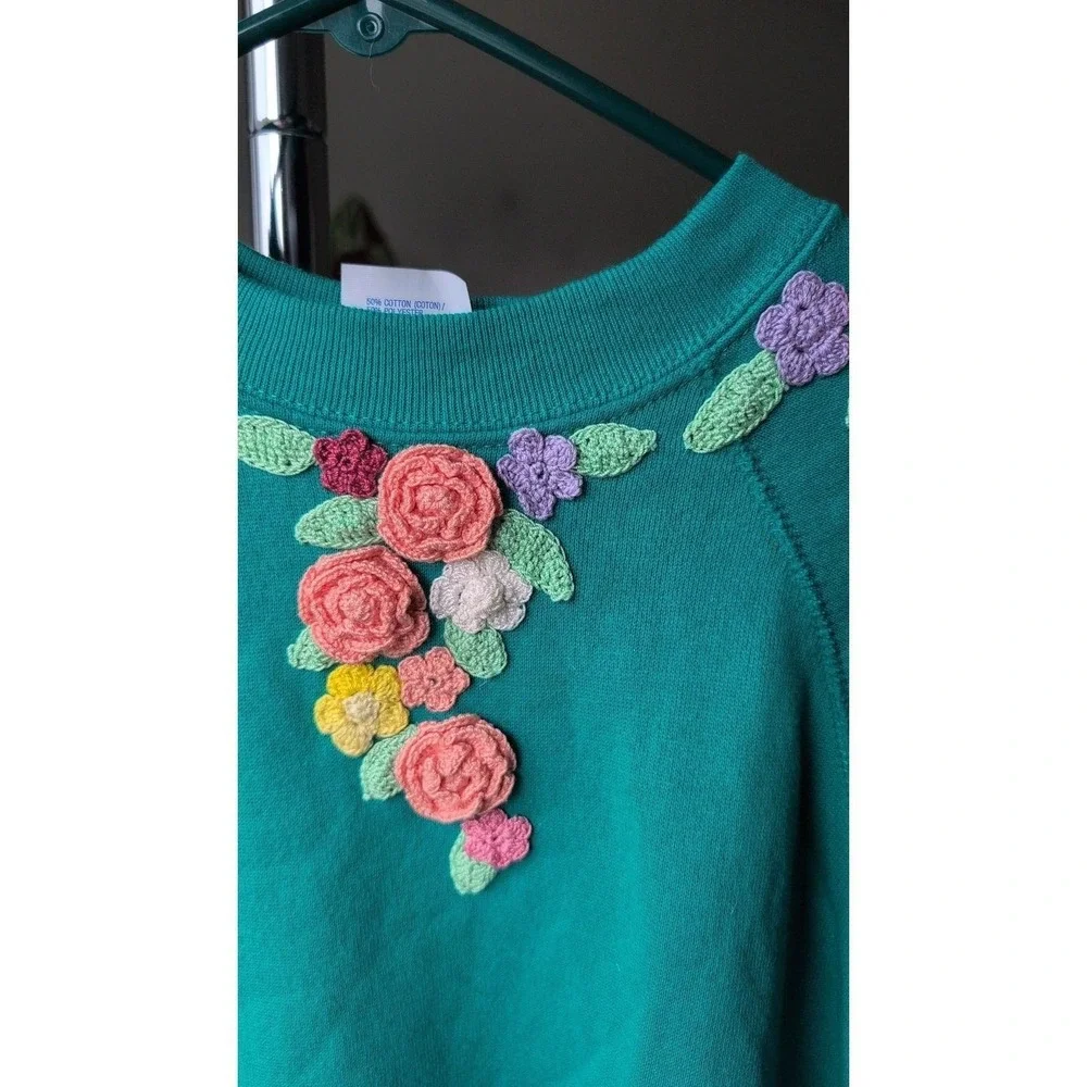 Vintage Crewneck Sweatshirt Handmade Floral Applique Embroidery Large Grannycore